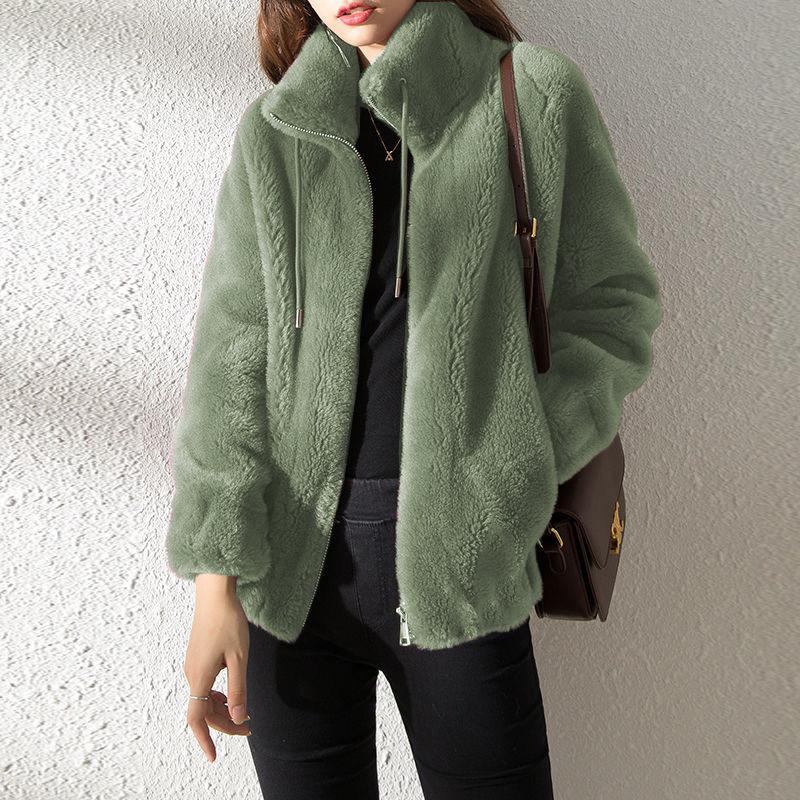 Cappotto Invernale da Donna in Pile Corallo Doppio Caldo Collo Alto Cappotto Lungo Casual alla Moda da Donna con Cerniera Maniche Lunghe