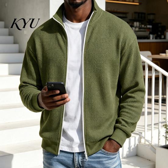 Men's Suede Bomber Jacket Waffle Knit Zip Up Jacket, Long Sleeve Laydown Collar Breathable Spandex Blend Blazer Casual Cardigan Sweatshirt,