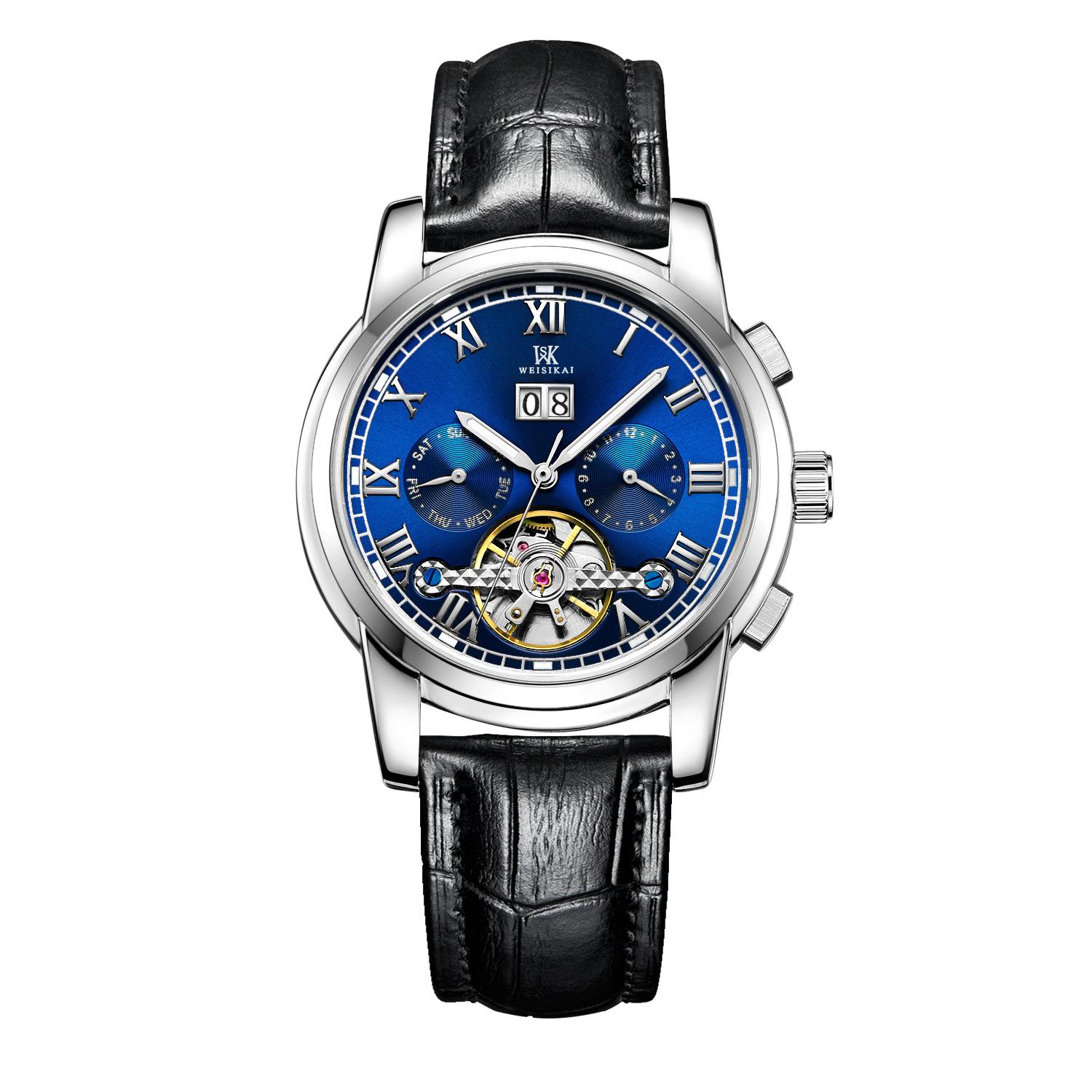 

WEISIKAI 6009 Мужские часы Новые роскошные мужские часы высшего бренда с коробкой Кожаный ремень Водонепроницаемые светящиеся календари Автоматические мужские механические часы синий