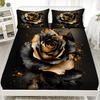 3pcs Rose Flower Fitted Sheet 3D Printed Black And Gold Floral Flat Sheet Set With Pillowcases No Filling Luxury For Women