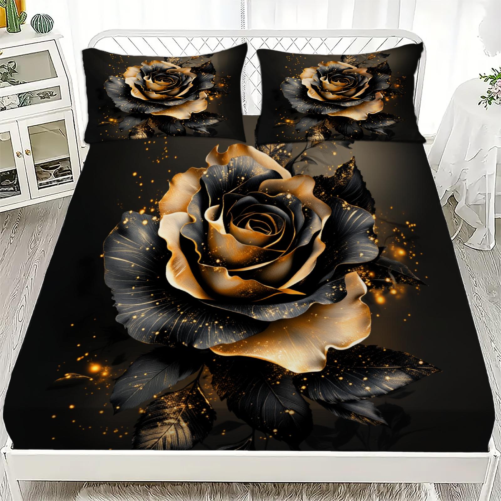 

3pcs Rose Flower Fitted Sheet 3D Printed Black And Gold Floral Flat Sheet Set With Pillowcases No Filling Luxury For Women 200x220x25cm