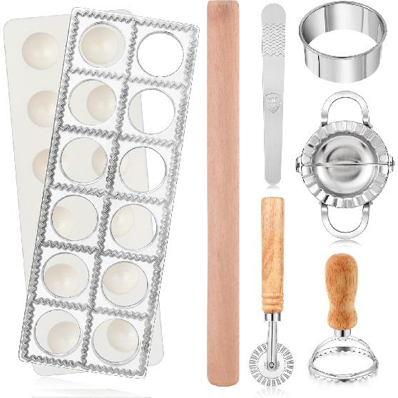 8 PCS Ravioli Maker Press, Ravioli Stamp Maker Cutter Set With Rolling Pin, Empanada Maker Press Kit with Pasta Cutter Wheel, Dumpling Maker Mold for
