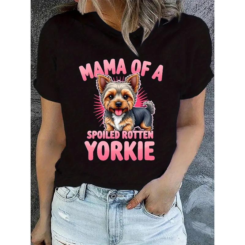 

European Size Woman S Casual T-Shirt - Mama of a Spoiled Rotten Yorkie | Black with Pink Lettering and Yorkie Design, Round Neck,Pet Lover Tee 4XL чорний