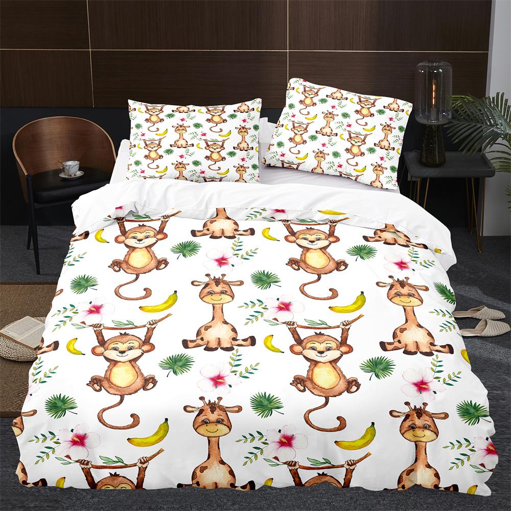 Monkey Duvet Cover King Queen Lovely Cartoon Animal Bedding Set For Kids Boy Girl Green Jungle Tree 2/3pcs Polyester Quilt Cover