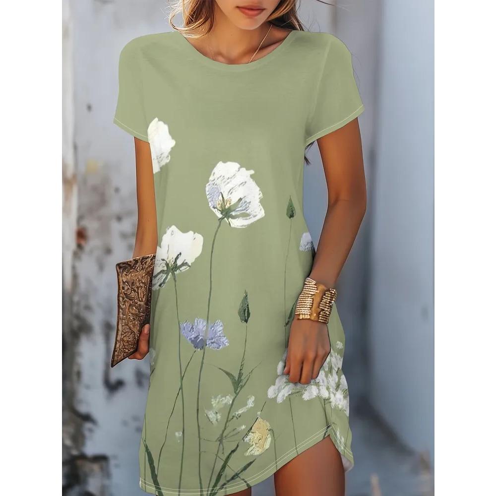Blumen Retro Muster Damen Minikleider Sommer Kurzarm Bedruckt Große Größen Lässig Bequem Weiches Kleid