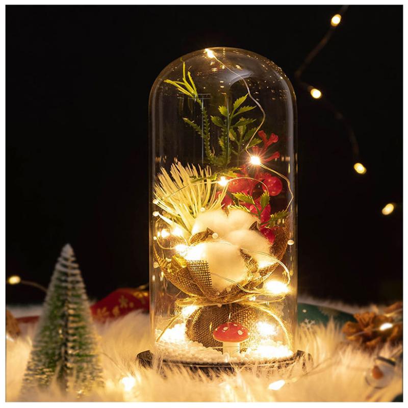 Simulation Christmas Tree Decoration LED Light Eternal Flower Glass Cover Gift Box Christmas Valentine's Day Gift Decoration