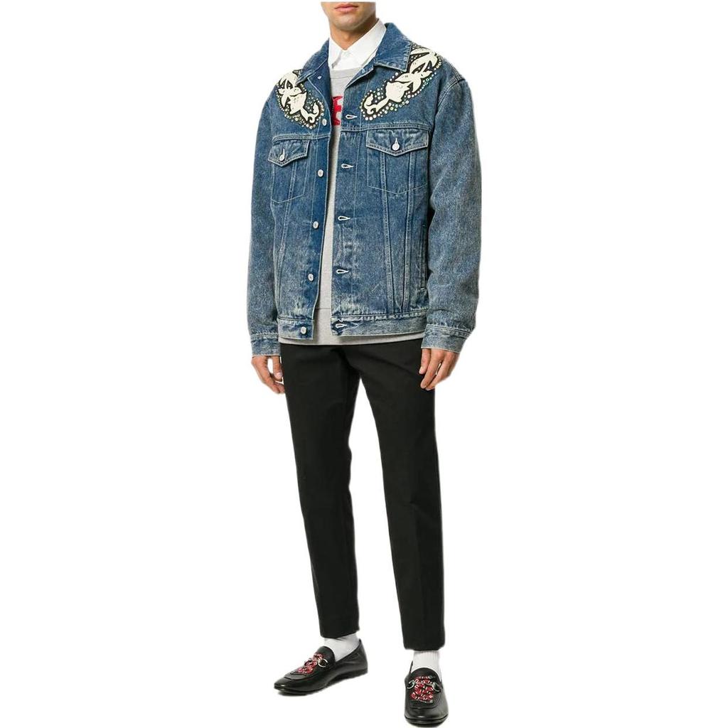 Giacca di jeans GUCCI con stampa logo e applicazioni floreali Stagione Precedente 519928-XRA75-9462