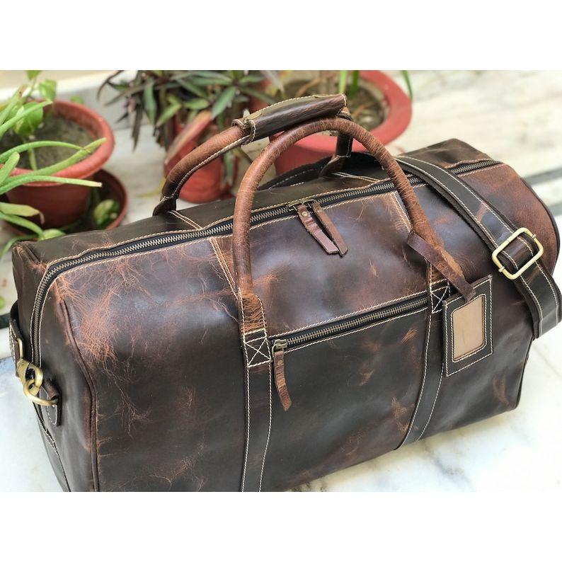 20 Inch Leather Travel Weekend Bag for Men, Leather Travel Bag, Leather Gym Bag, Overnight Travel Bag, Mens Duffle Bag
