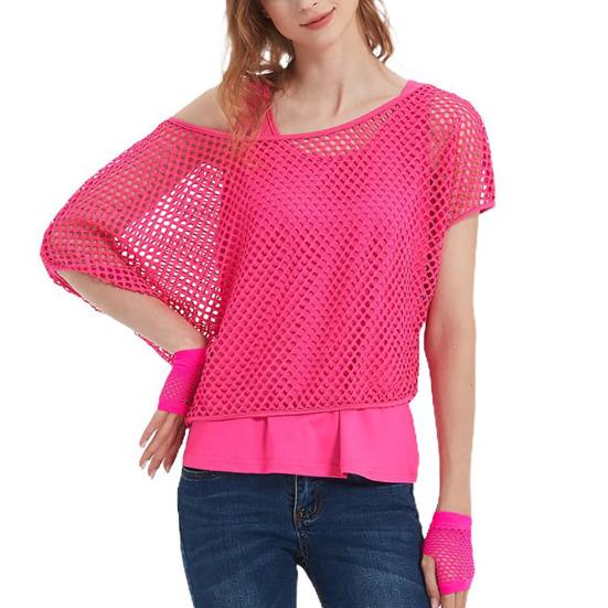 2Pcs/Set Women Mesh Top Vest Set Bright Color O-Neck Short Sleeve Mesh Cropped Tops Racerback Pullover Vest Set