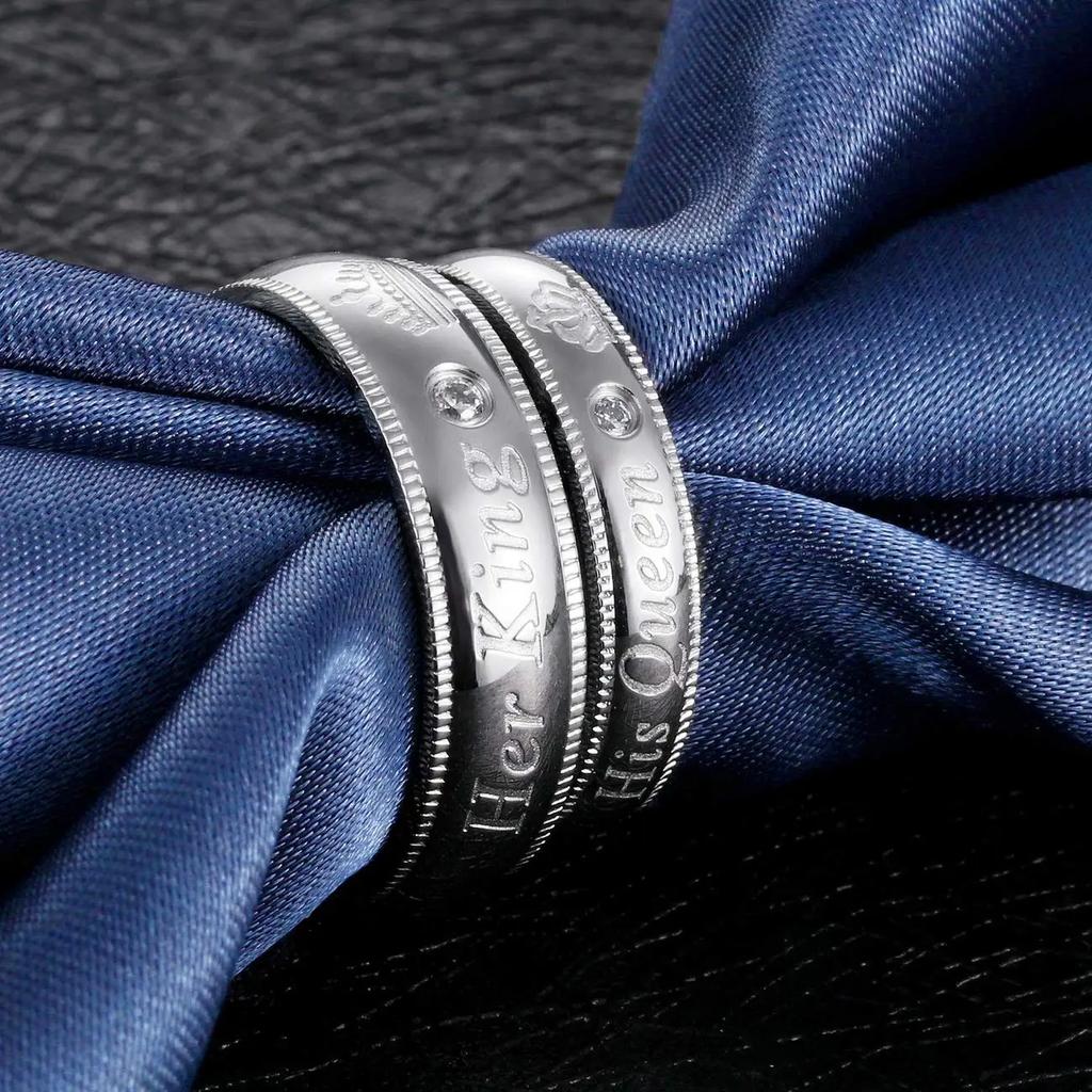 Fashion Stainless Steel Couple Rings Her King His Queen Statement Rings Zircon Crown Ring Romantic Anniversary Wedding Band Ring