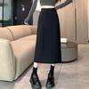 Black Wool Blend Women's High Waist A-Line Skirt - Autumn/Winter Korean Style Slimming Mid-Length with Slit and Elastic Waist