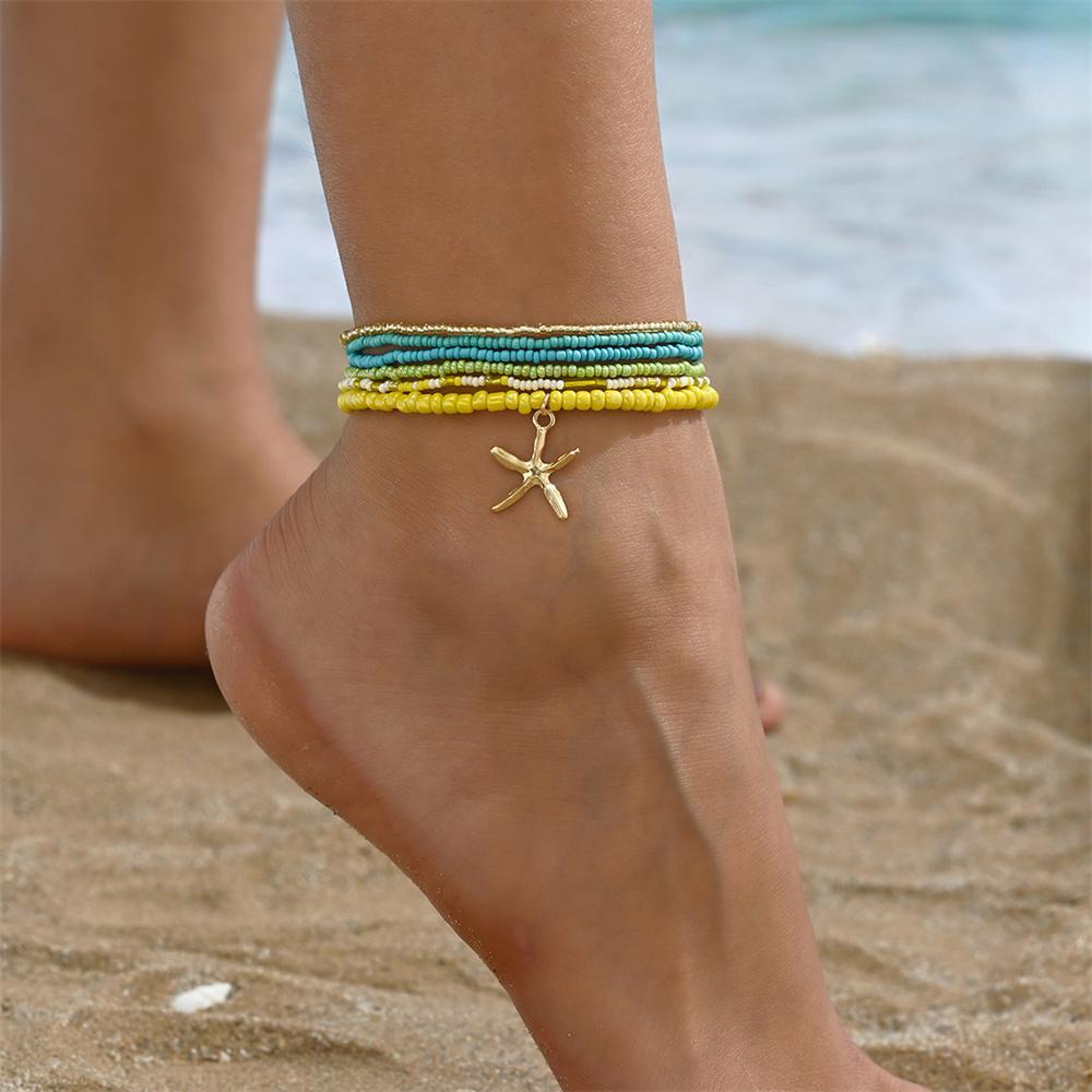 Big Starfish Pendant Rainbow Glass Beads Anklets For Women Gold Color Foot Chain Beach Jewelry Ankle Bracelet Summer Accessories