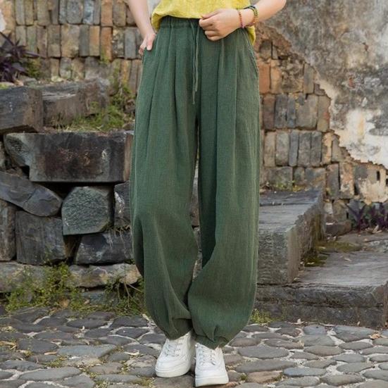 Women Casual Pants Elastic Waist Adjustable Drawstring Solid Color Wide Leg Trousers Solid Color Harem Trousers
