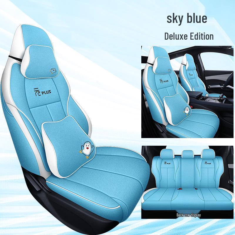 BYD Yuan PLUS Linen Cartoon Car Seat Cushion – Breathable, Full Wrap, Four Seasons Universal Cover.