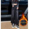 Black-Gray High-Waisted Wide-Leg Jeans for Women - Velvet-Lined, Thick, Loose-Fit, Slimming, Straight-Leg, Floor-Length, Petite, Trendy Pants
