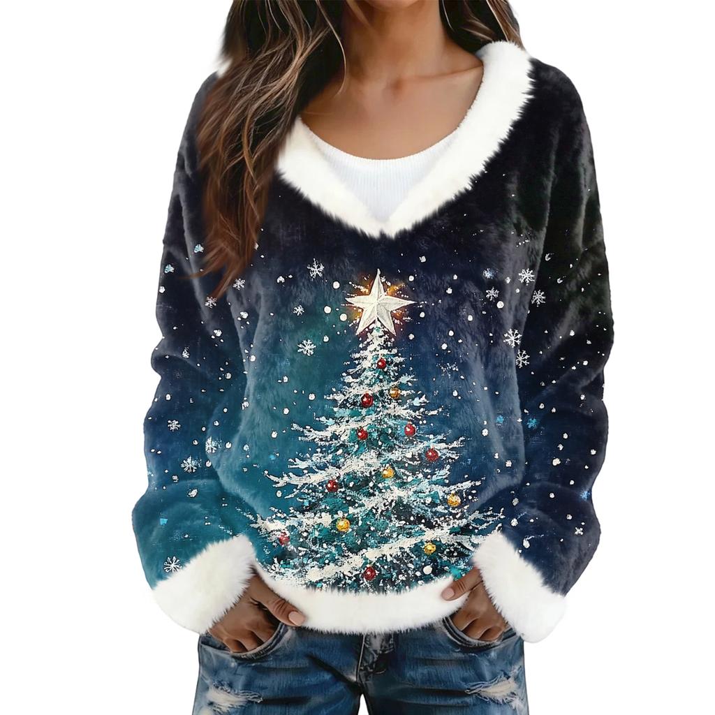 Women's Fashion Plush V Neck Pullover Top Long Sleeve Tee Christmas Printed Sweatshirt