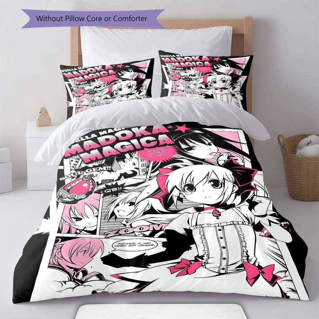 Puella Magi Madoka Magica Vzorované povlečení, Sada přikrývek Povlak na přikrývku Povlak na polštář Domácí dárek k narozeninám (1 * povlak na peřinu + 2 * povlak na polštář, bez jádra)