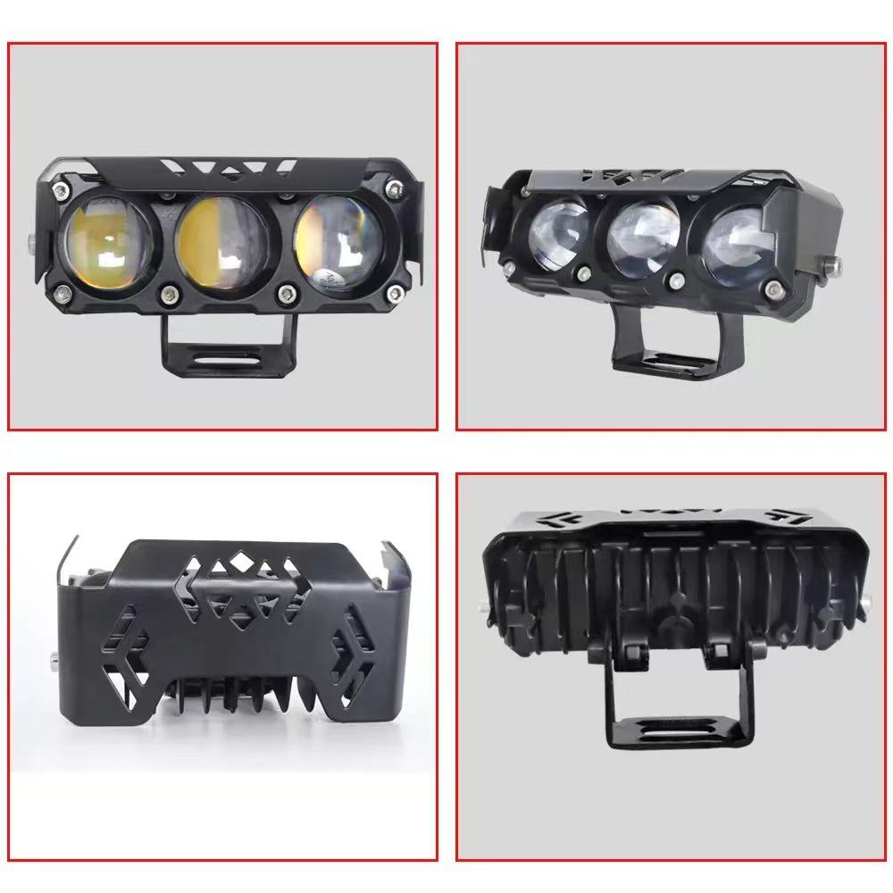 Motorcycle Three-Eye Spotlight, Dual-Color Yellow/White, Easy Installation, Outdoor Waterproof.