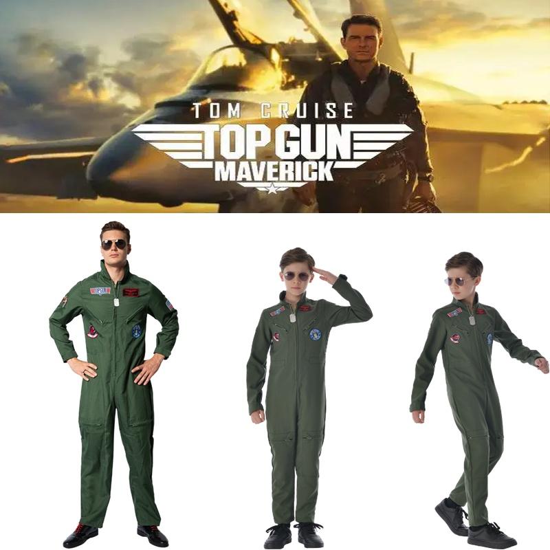 Top Gun pilots tērps Halloweena kostīms bērniem un pieaugušajiem Maverick Cosplay tērps ar saulesbrillēm un vārda zīmi