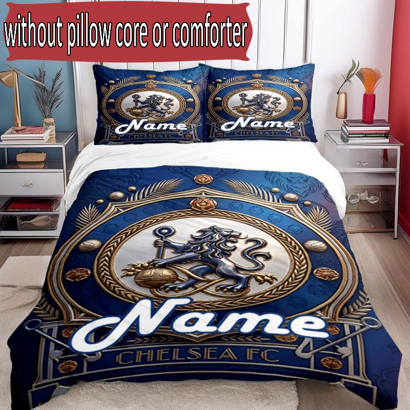 3pcs Duvet Cover Set (1*Duvet Cover + 2*Pillowcase, Without Core), Custom Name Chelsea Football Club Pattern Bedding Set, Home Bedroom Decor Gift