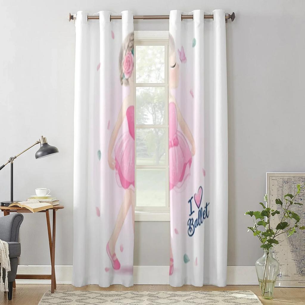 Roztomilá dívka s baletním tancem Okenní závěs pro dětský pokoj Domácí žaluzie Závěsy do obývacího pokoje Ložnice Závěsy 2ks Horní kroužek