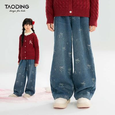 Tao Town Mädchen Schleife Lässig Weitbein Fleece Jeans für Herbst & Winter