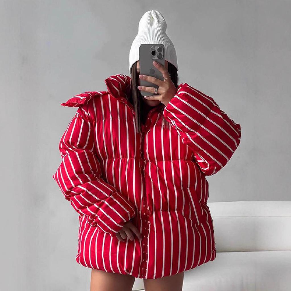 2025 Winter Women's Korean Striped Hooded Cotton-Padded Jacket with Stand-Up Collar.