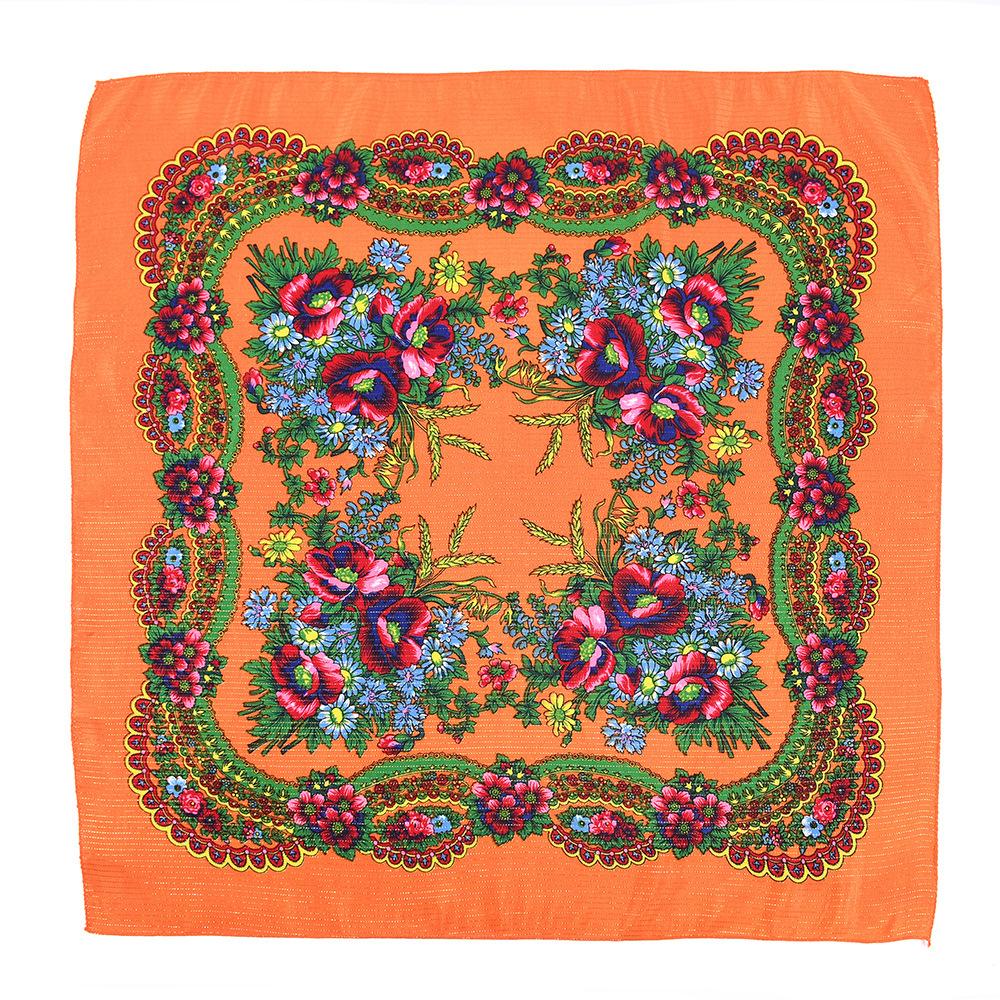 70*70cm Gold Thread Floral Print Russian Square Scarf for Women