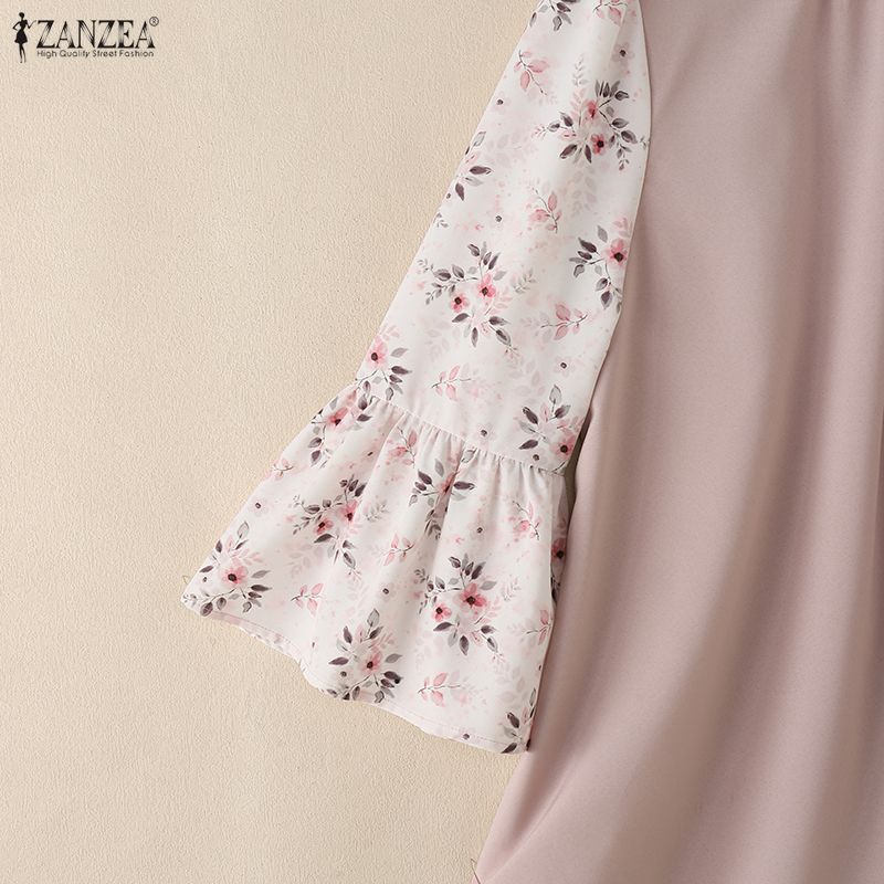 ZANZEA Women Casual Floral Print Splice 3/4 Sleeve Loose Blouse