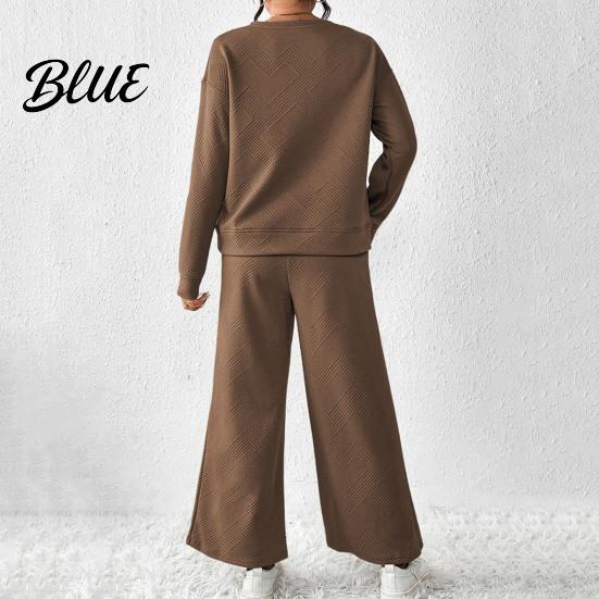 Round Neck Top And Wide-leg Pants Set 2 Pcs/Set Women Suit O Long Sleeves Solid Color Sport Loose Fit Sweatshirt Drawstring Elastic Waist Wide