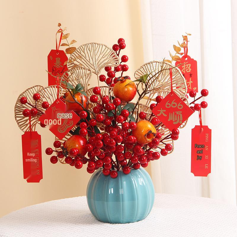 Luxurious Chinese-Style Pomegranate Fruit Arrangement: Faux Red Berries & Flowers for Living Room or Restaurant Decor