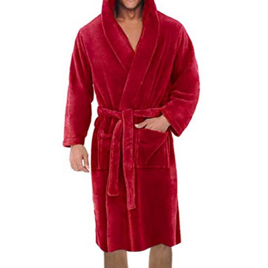 Solid Color Belt Flannel Bath Robe Hooded Pockets Warm Men Nightgown Home Clothes