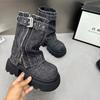 Fashion 2025Designer Denim Women Ankle Boots Fashion Elegant Side Zippers Belt Buckle Shoes Thick Heel Women's Morder Short Booties