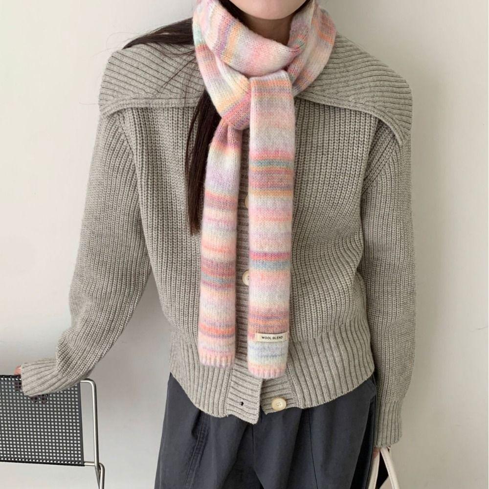 Plush Rainbow Striped Scarf Korean Style Winter Shawl Soft Cashmere Knitted Scarf Daily