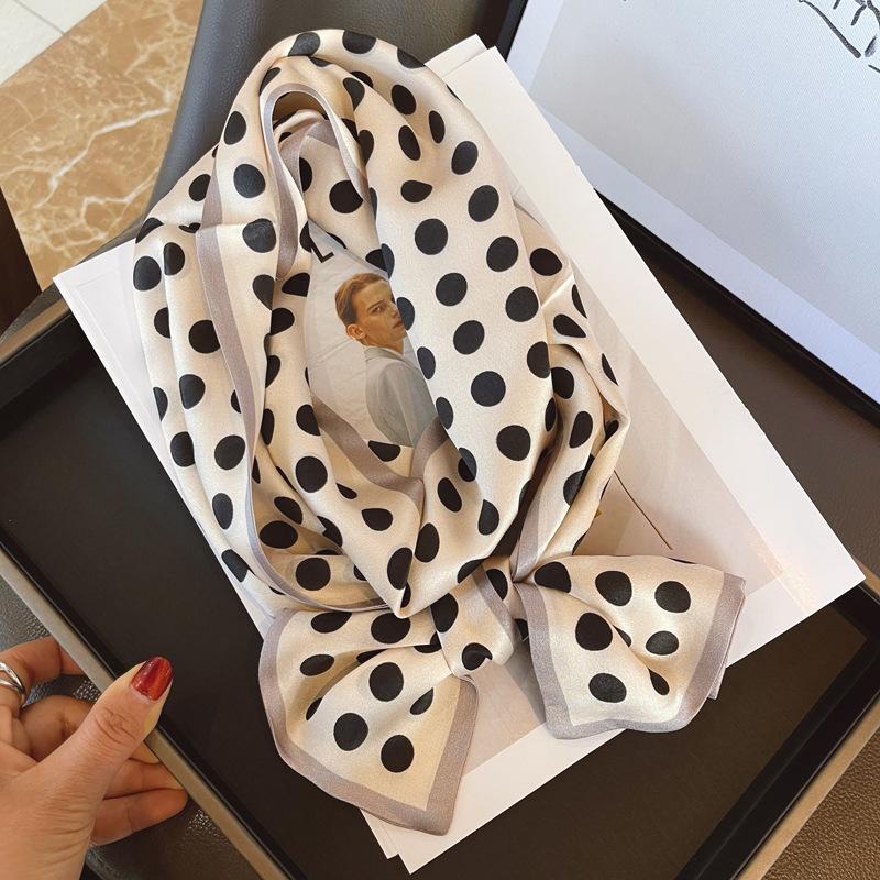 Beige Silk Silk Scarf, Streamer, Foreign Style Spring And Summer Mulberry Silk, Small Long Polka Dot, Small Scarf, Headband.