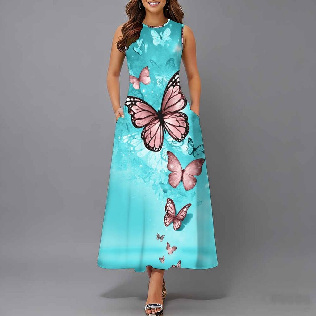 Women Oversized Sleeveless Crew Neck Dress Elegant Dense Floral Vines Flowy Calf Length Outfit