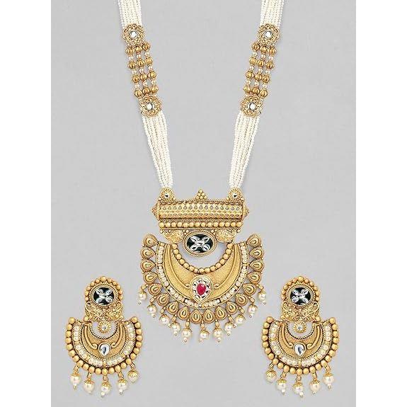 Gold-Plated Handcrafted Artificial Traditional Jewelry Set-Ruby/Kundan Stones & Pearl Beaded Multistrand with Matching Earrings For Women and Girls