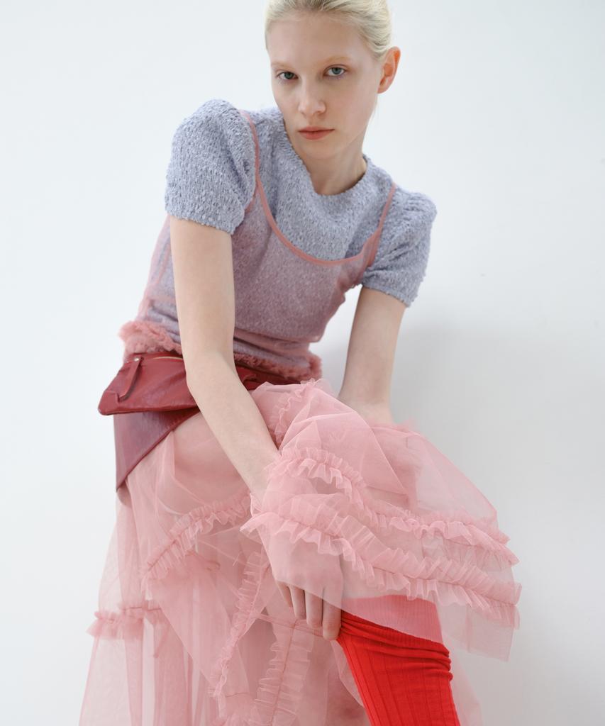 Aobteu Sheer Frill Layered Dress - Salmon Pink