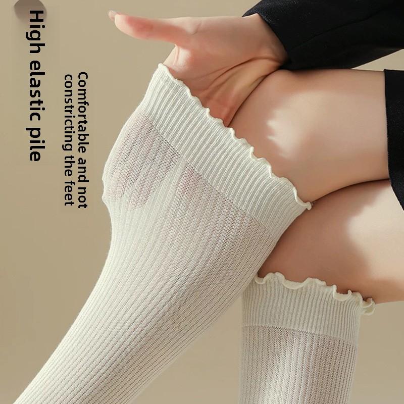 Frühlings- und Herbst-Holz-Ohr Manschette Lange Socken, Kniehohe Strümpfe für Damen mit Spitzenbesatz, Schöne Beinstrümpfe für Damen mit Spitzenbesatz.