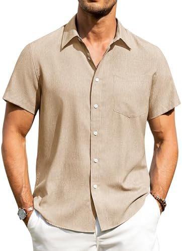Alimens & Gentle Men's Linen Shirt Short Sleeve Button Up Shirt Wrinkle Free Casual Vacation Beach Summer