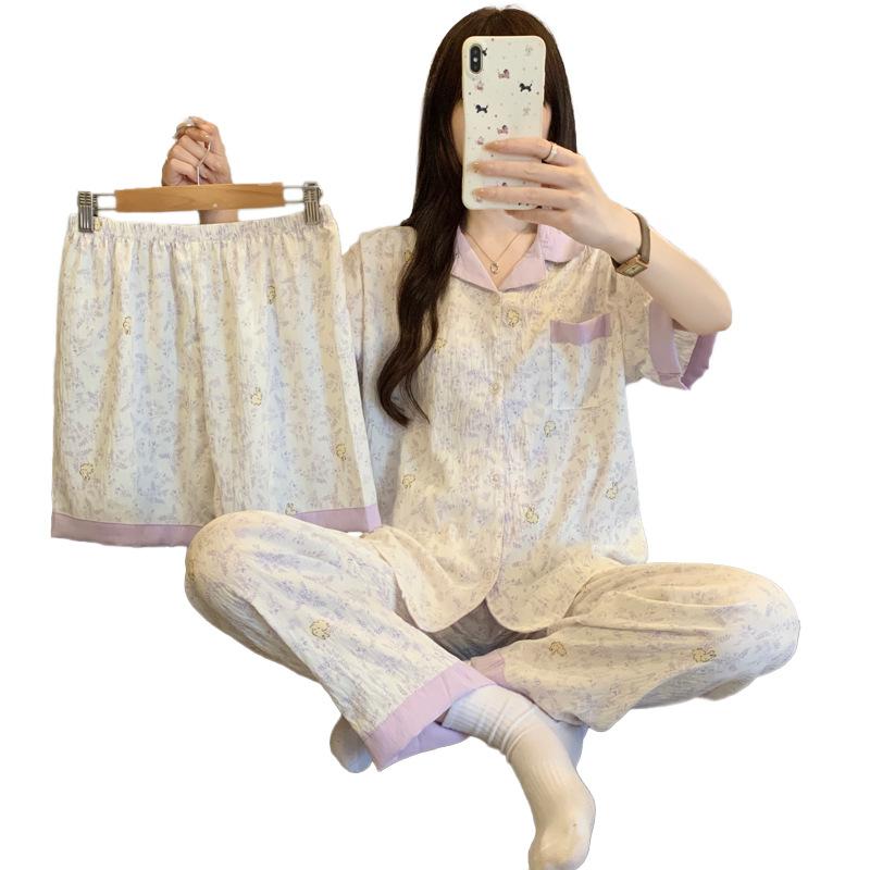 Pastoral Dream Purple Floral Pajamas Women'S Summer Short-Sleeved Cardigan Cute Rabbit Three-Piece Loungewear