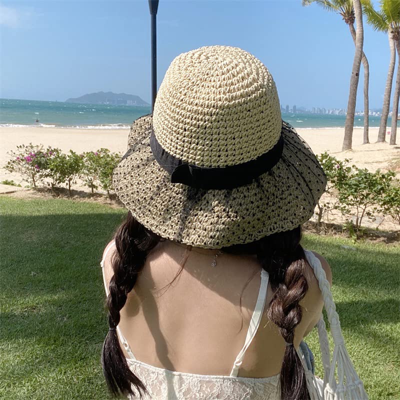Straw Hat with Sunshade for Dot Wide Knitted Sun Cap for UV Small Beach Easy to Going Mountain Beige [XGOPTS] Women, Summer, Cool, Elegant, Mesh,