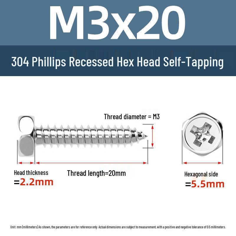 Yigu 304 Stainless Steel Phillips Recessed Hex and Slotted Self-Tapping Screws for Wood, M3-M8