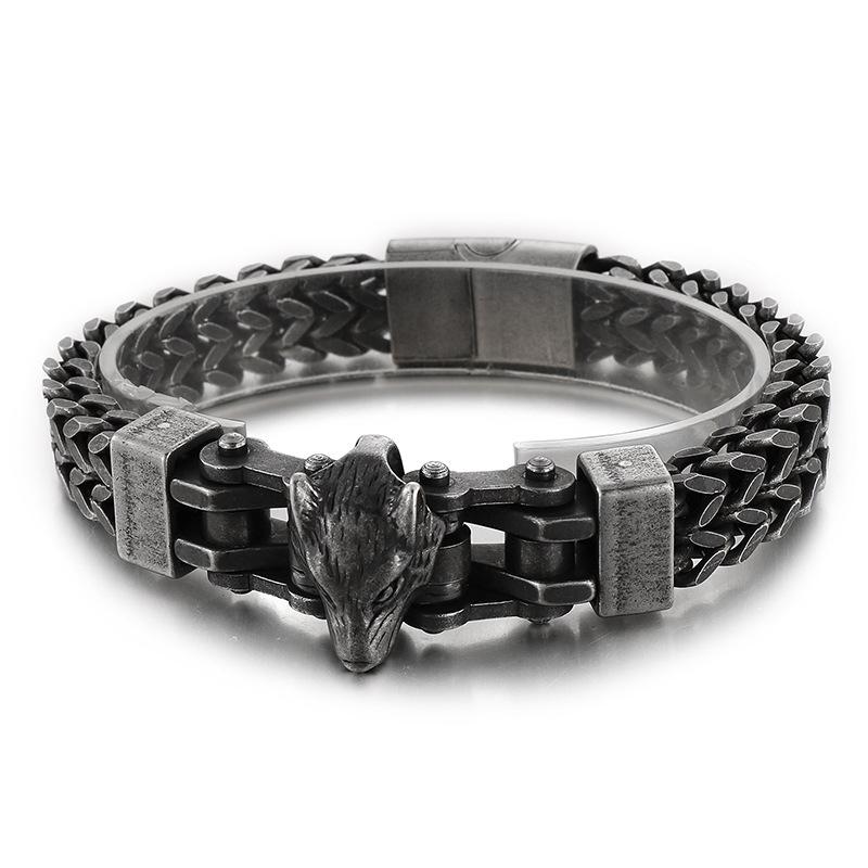 

12mm Punk Gold Color Viking Wolf Bracelet Men Hiphop Black Stainless Steel Biker Bike Double Mesh Chain Bangle Jewelry Wristband 21.5cm