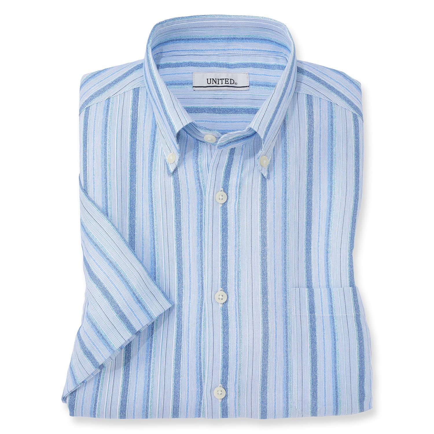 

Сделано в Такасима Чидзими [UNITED] Рубашка с коротким рукавом, Япония, мужская, на пуговицах, (Япония, алфавит, ЛЛ, незабудка)