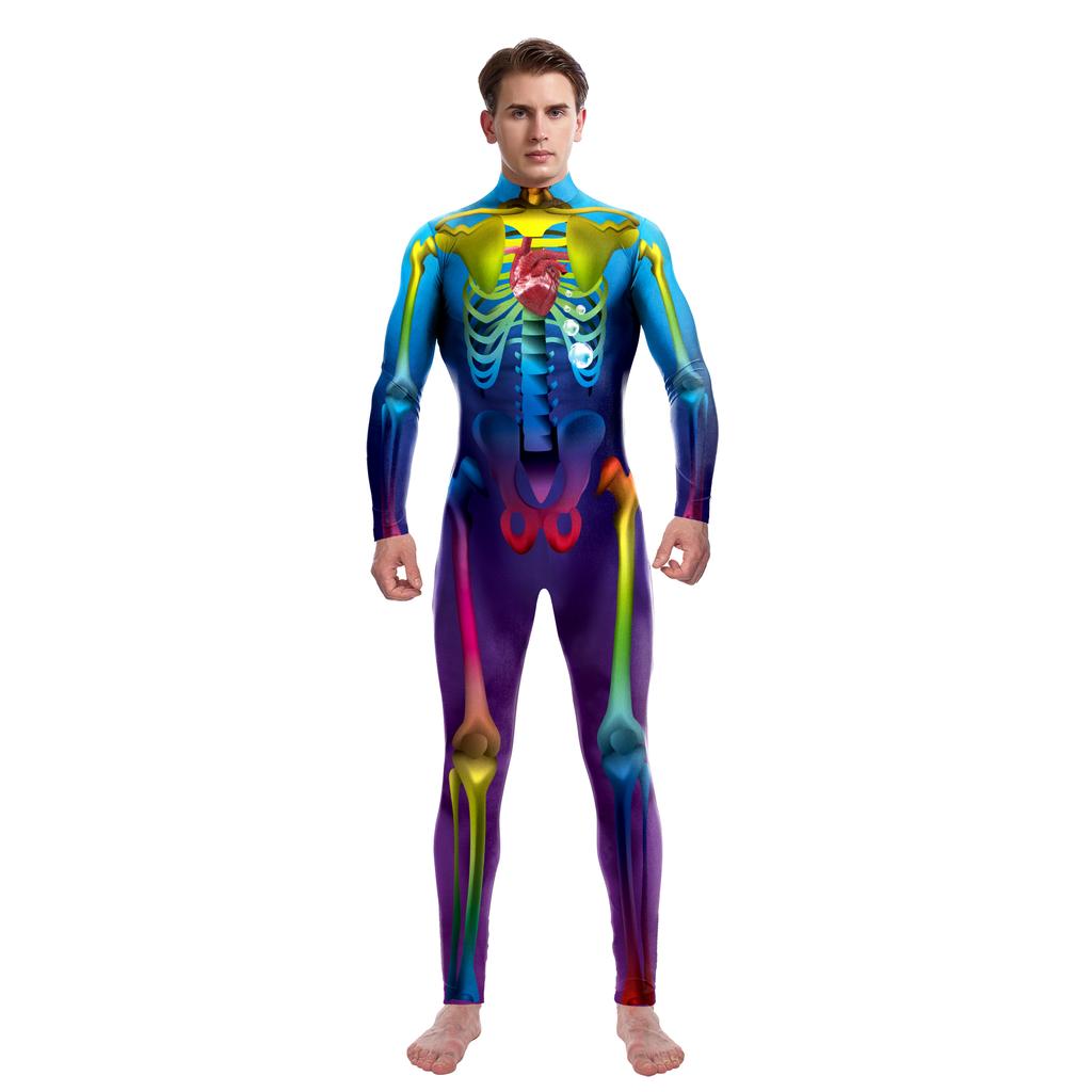 Strašidelný kostlivý tištěný kostlivý oblek Halloween Party Cosplay kostým pro dospělé Kombinéza Zentai Catsuit Karnevalové oblečení