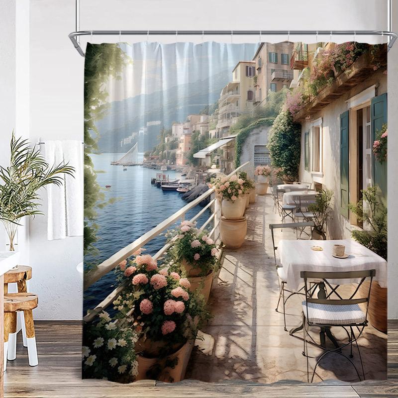 Seaside Town Shower Curtain Blue Ocean Floral Mountain Italian Architectural Scenery Bath Curtains Polyester Home Bathroom Decor