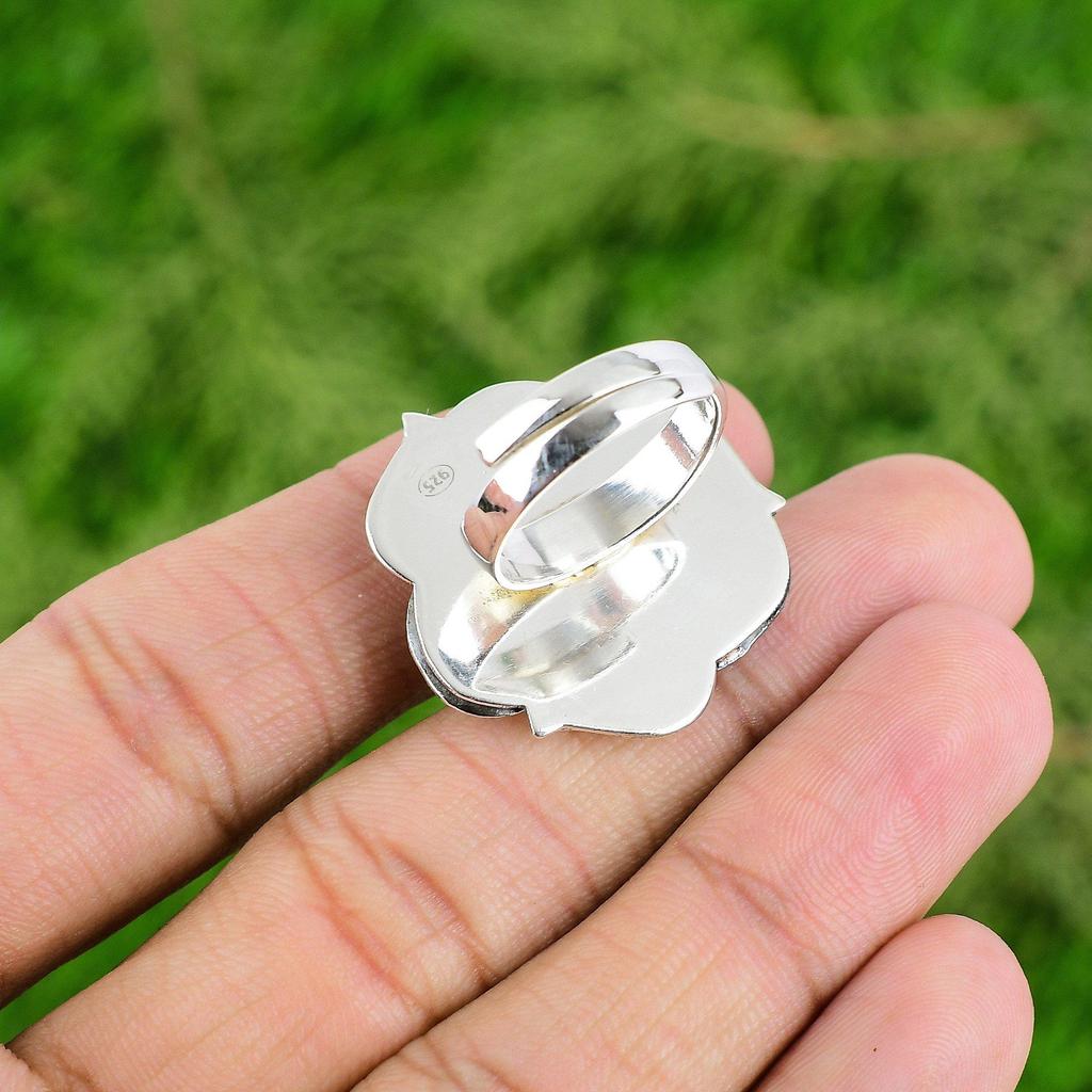 Natural Larimar Gemstone Statement Flower Adjustable Ring 925 Silver For Girls