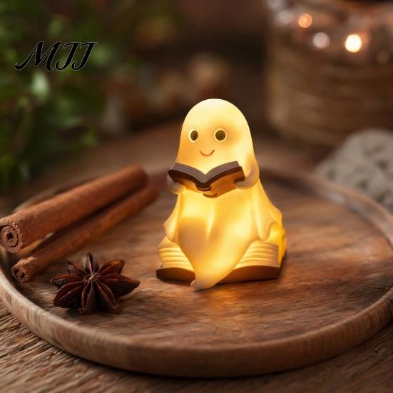 Portable Night Light No Cords Halloween Ghost Light, Resin Spooky Table Lamp for Bedroom Shelf Gothic Home Decor Decor, Warm Amber Purple Glow