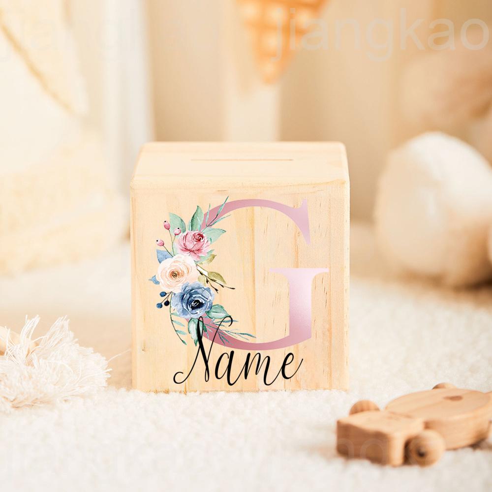 Personalizowana Skarbonka Inicjał z Imieniem Skarbonki dla Dzieci Etui na Kolekcję Monet Drewniany Banknotnik Prezent Urodzinowy na Baby Shower dla Dziewczynek